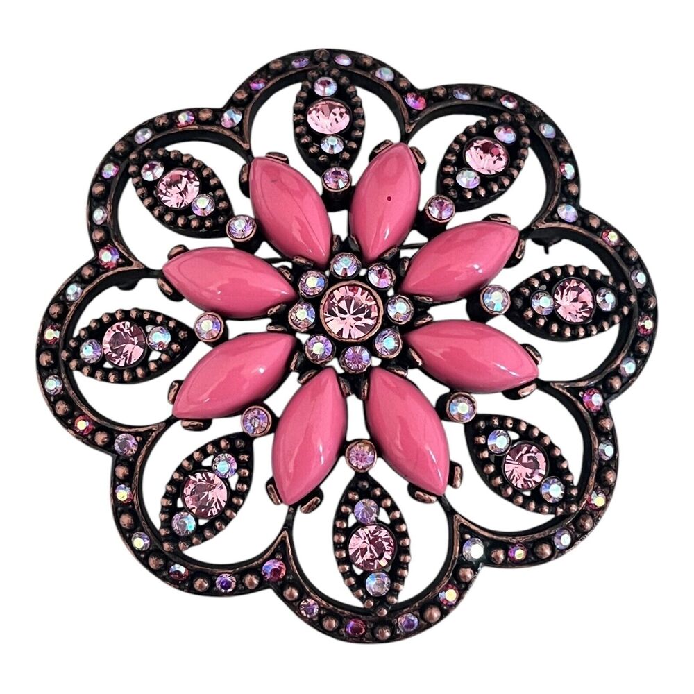 Vintage 1990s Joan Rivers Floral Brooch Pink Cabochon Crystal Copper Tone - 6R